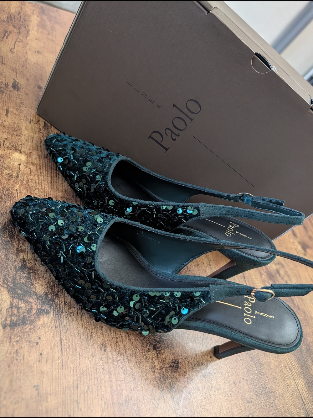 NWT Linea Paolo Cosmo Green Sequin Slingback Heels - Picture 4 of 7